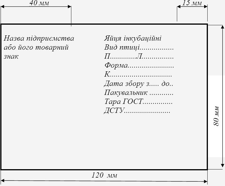 ЗРАЗОК ЕТИКЕТКИ, який наклеюють на торцевій стороні ящика після пакування інкубаційних яєць